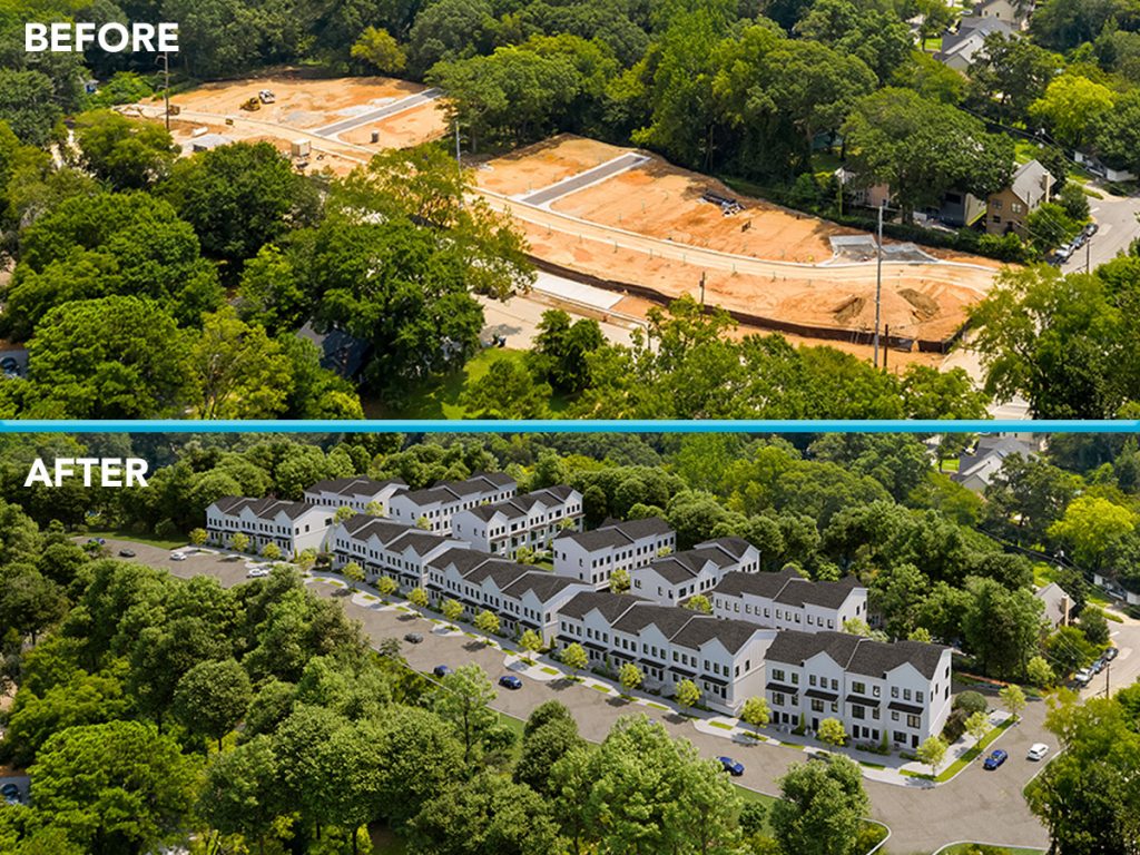 a before and after of a new construction renderings on a construction site