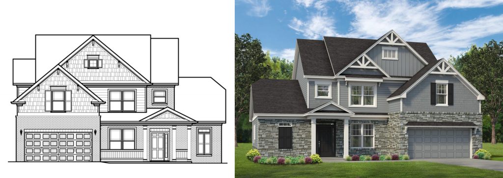 a comparison of a 3D rendering and a flat architectural rendering