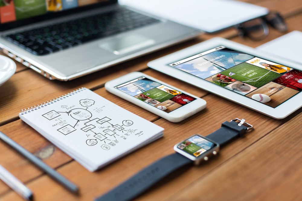 business, responsive design and technology concept - close up of on laptop computer, tablet pc, notebook and smartphone with scheme and internet news application on wooden table ©GroundPicture